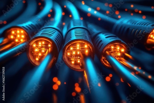 Close-up of glowing network cables with blue cables and orange illuminated connectors in a futuristic technology setting