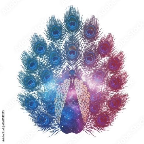Cosmic Peacock Feathers: Vibrant Blue Red Galaxy Bird