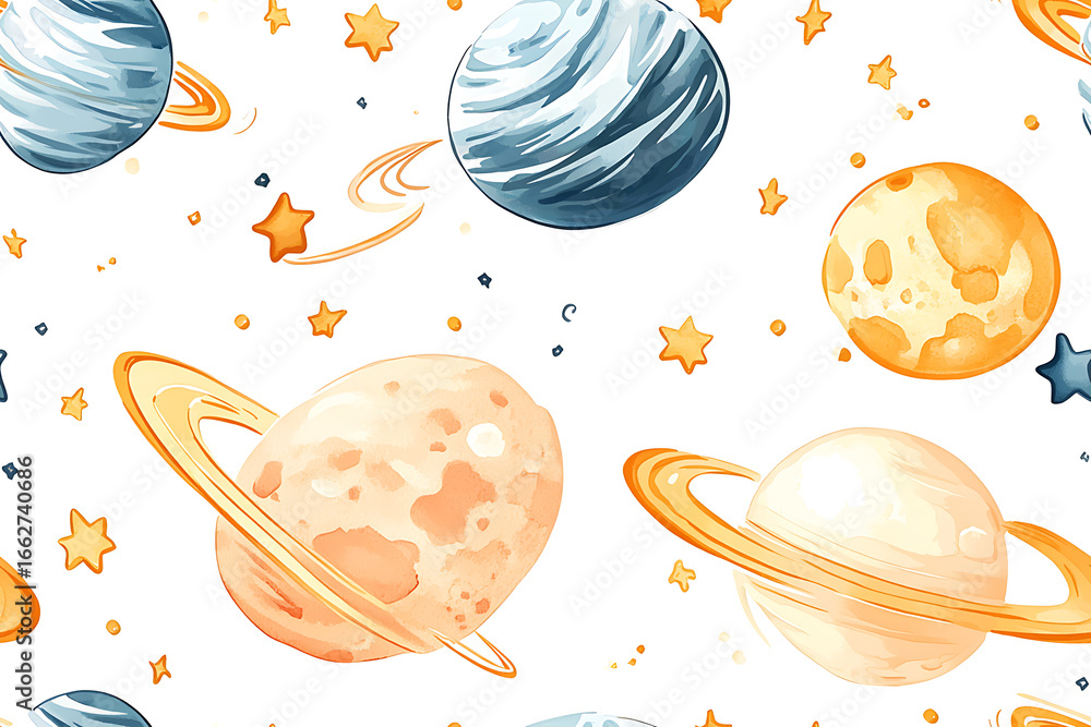 Cartoon planets and stars, a seamless pattern on a white background, in light blue, mustard yellow, and orange colors, in a vintage watercolor style, with simple line doodles Cartoon planets and stars, a seamless pattern on a white background, in light blue, mustard yellow, and orange colors, in a vintage watercolor style, with simple line doodles