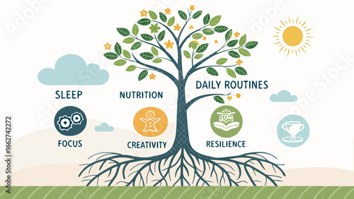 Vertical tree infographic with roots as habits, trunk as routines, branches as skills, icons of wellness, and organic friendly design.
