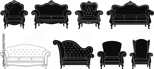Antique furniture silhouette vector set, collection of sofa and armchair icons, vintage furniture illustration, black and white graphics, interior design elements