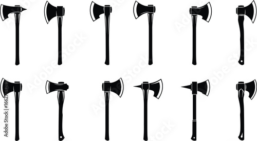 Axe silhouette vector set, black weapon icons, chopping tool designs, double blade, combat axe, woodcutting tool, 4x3 grid illustration, sharp edge
