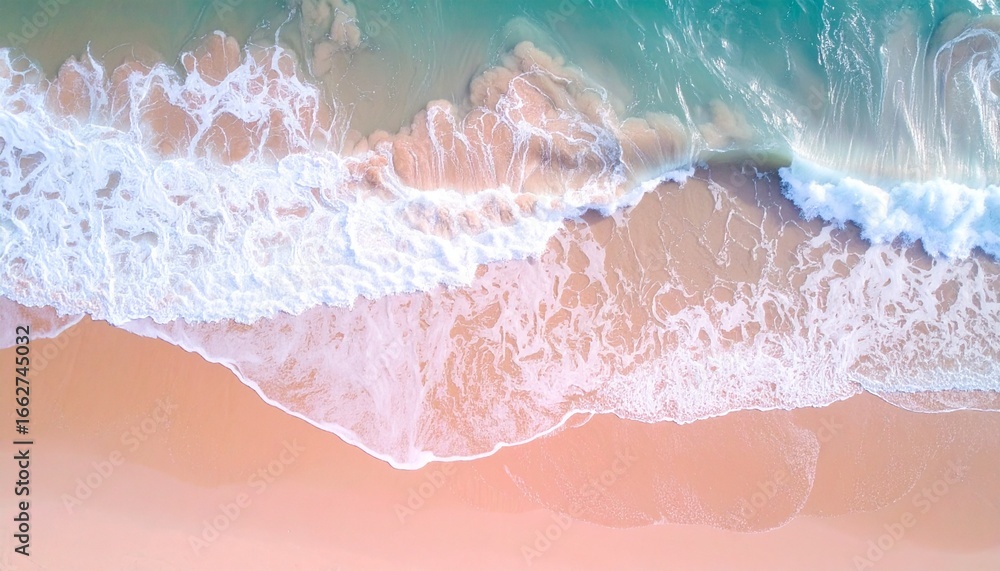 Fototapeta premium A stunning aerial view of turquoise ocean waves gently rolling onto a sandy beach, with white foamy surf creating beautiful patterns against the soft beige shore, evoking calm and natural beauty.