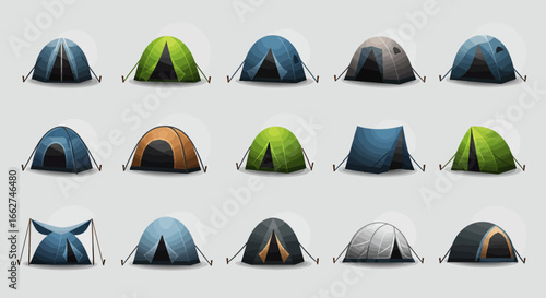 Unique Mountain Tent 4D Vector Icons Set