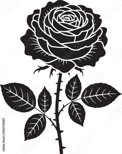 Black Rose Flower Illustration with Leaves and Stem