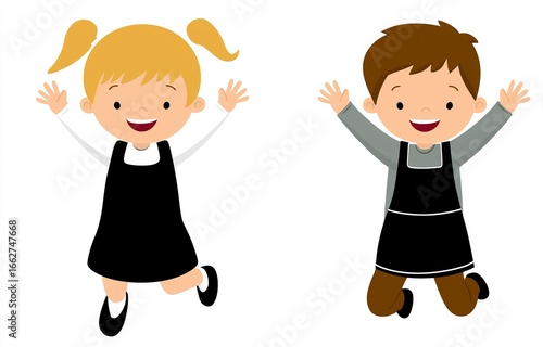 Jumping Cartoon Children Illustration, Boy & Girl in School Attire, for Education, Kids' Activities, Playful Design Scenarios