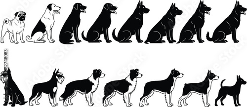 Dog breed silhouette vector set, sitting and standing poses, black and white illustration, pet animal icons, German Shepherd, Pug, Schnauzer, Collie