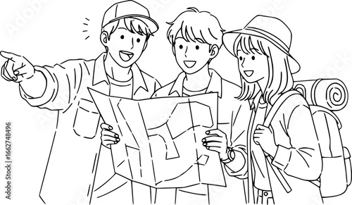 Three young people, two males and one female, are standing together, looking at a map