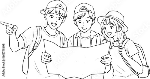 Three young people, two males and one female, are standing together, looking at a map