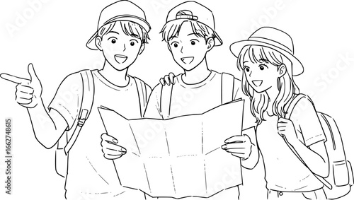 Three young people, two males and one female, are standing together, looking at a map