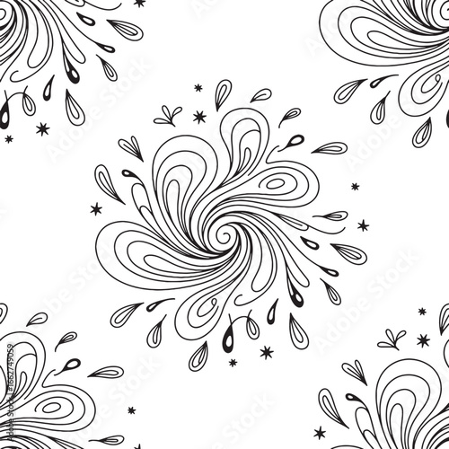 Seamless pattern of black ink doodle swirls and teardrop shapes on white abstract background
