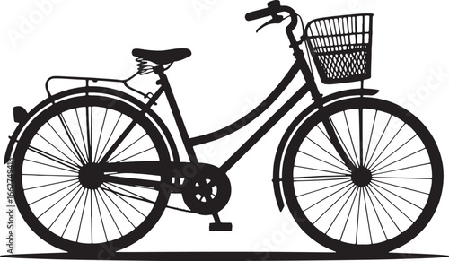 Silhouette of a classic bicycle with a front basket and rear rack bike black and white