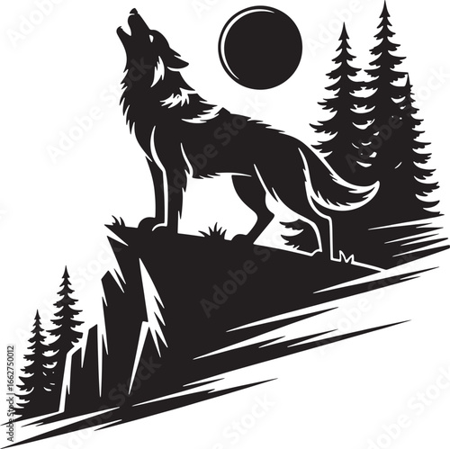 Wolf Howling at Moon Silhouette on Cliff with Pine Trees night