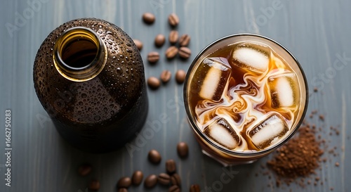 Cold brew coffee with ice cubes in a glass and a bottle, served with coffee beans and ground coffee