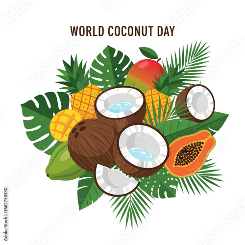 World Coconut Day composition with tropical fruits and palm leaves decoration