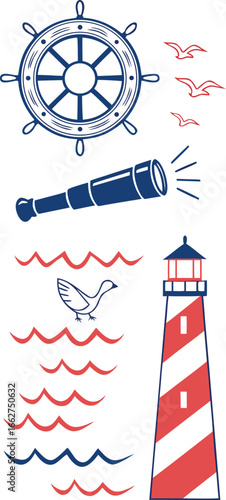 Vector of Nautical icons featuring a ship s wheel telescope lighthouse and seagulls.