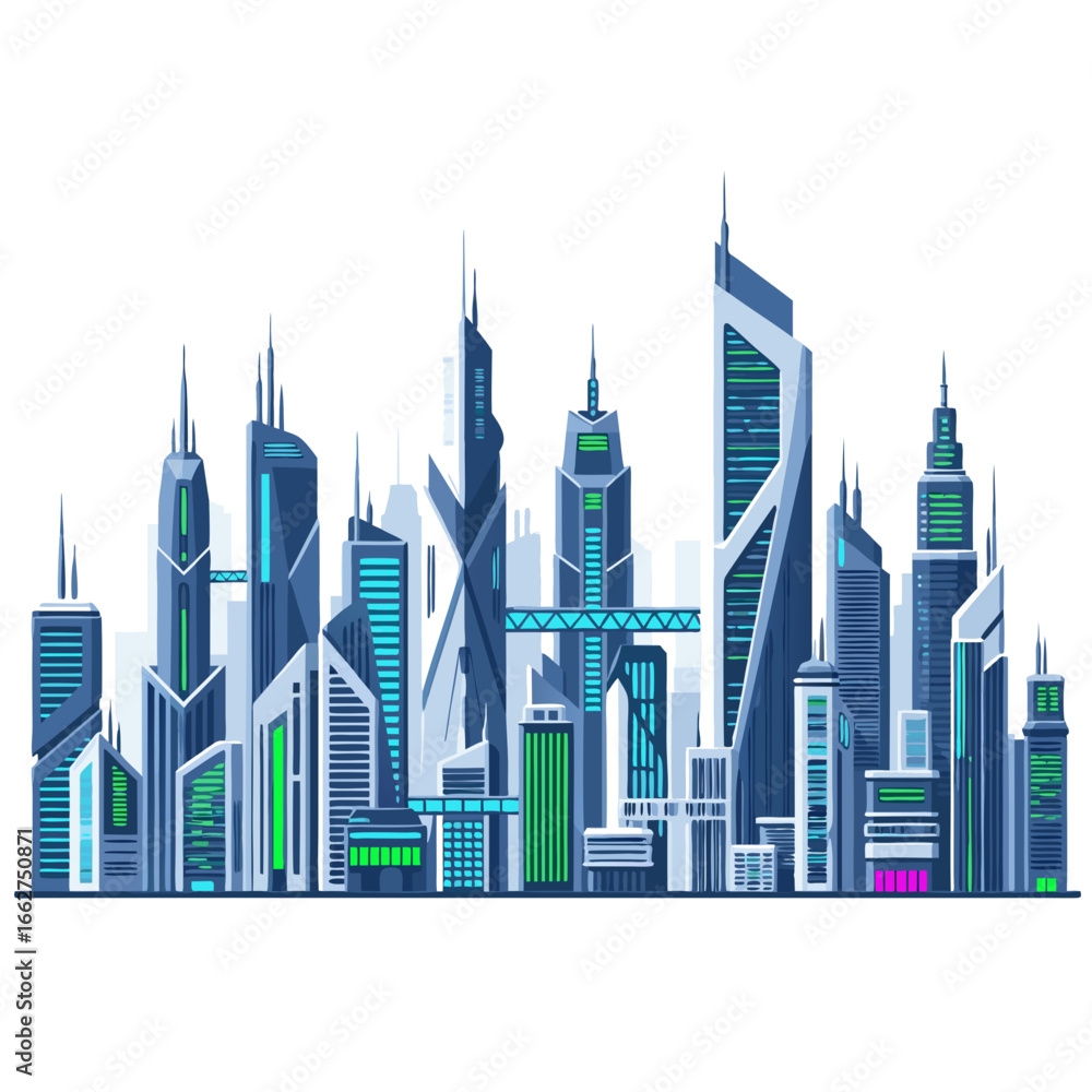 Obraz premium Colorful skyscraper city skyline illustration with tall towers and modern design