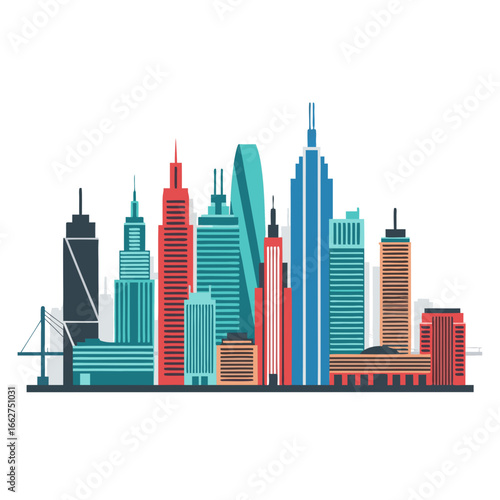 Vibrant modern skyscraper city skyline illustration with tall highrise buildings and colorful urban architecture