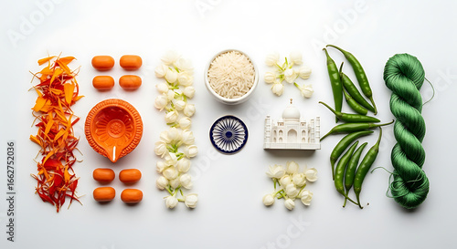 Creative composition of Indian cultural symbols arranged to spell INDIA in the national flag colors, a patriotic concept