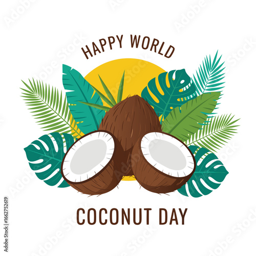 Happy World Coconut Day Illustration with Fresh Coconuts and Green Leaves