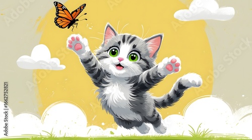 Playful Kitten Leaping for Butterfly Adorable Cartoon Illustration