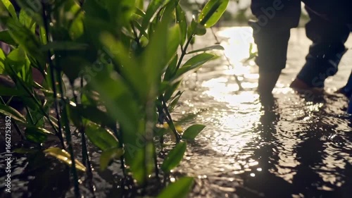 planting mangrove trees in the water by a worker in Burma sunset time