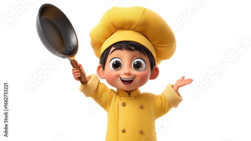 A cartoon boy in a yellow chef hat holding a frying pan. He is smiling. The pan is black