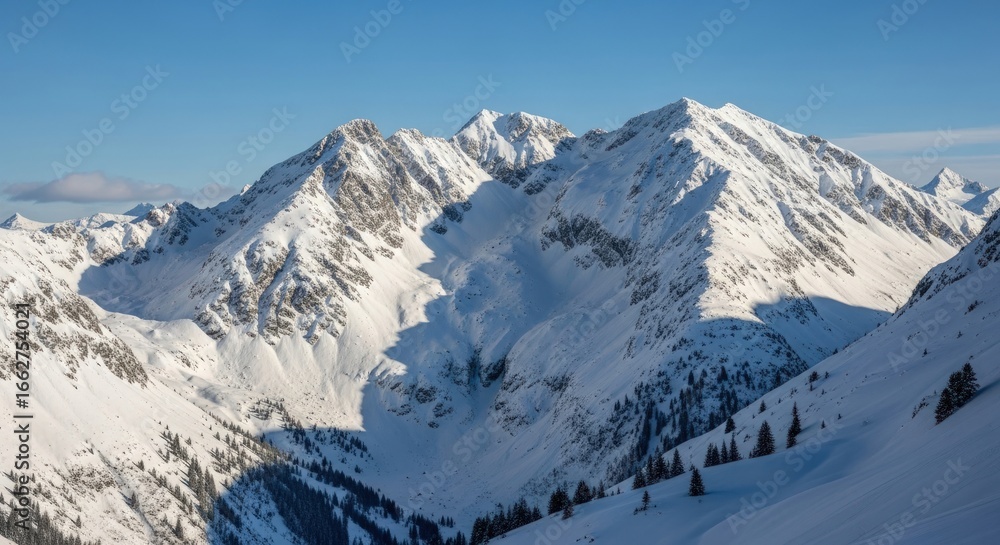 Naklejka premium Stunning snow covered mountain peaks under bright blue winter sky