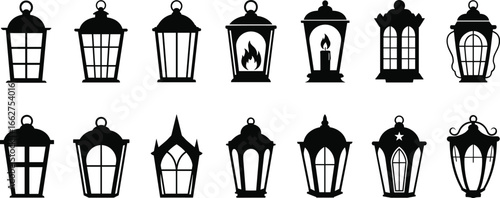 Lantern silhouette vector set, collection of vintage lanterns, candle holder illustration, old-fashioned lamp, black and white design, decorative lantern icons