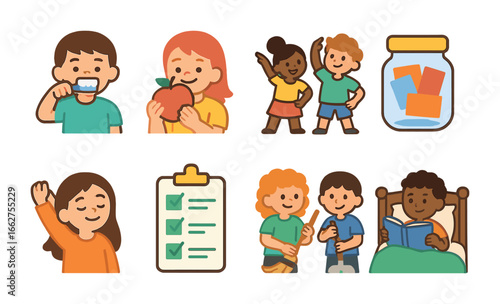 Kids' Positive Habits. Flat vector mini-illustrations positive habits together in colors children's