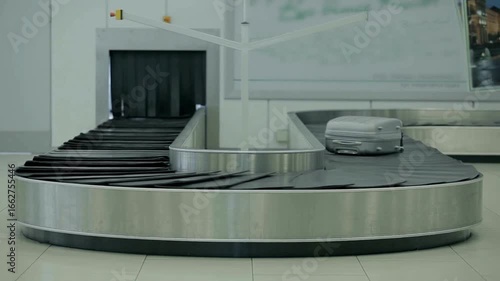 Travel bags moving around on the baggage carousel in the baggage claim area at the airport public transportation, service job, smuggling trafficking
