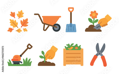 Seasonal Yard Tools. Flat vector mini-illustrations seasonal yard work in colors children's illustrations: