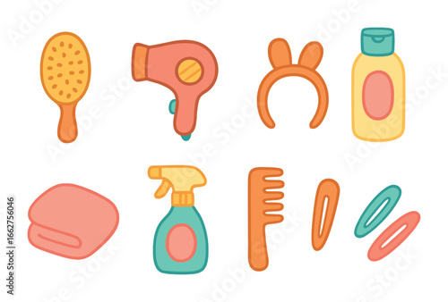 Children's Hair Care Icons. Flat vector mini-illustrations hair care items in colors children's illustrations: