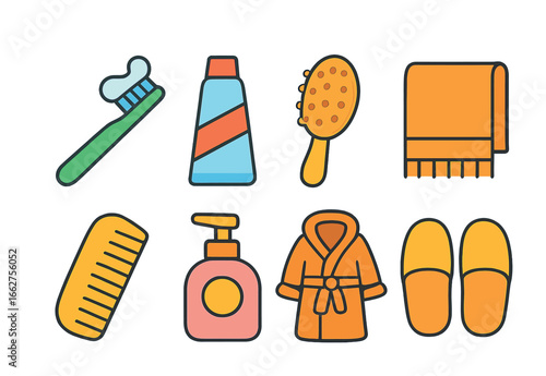 Kids' Bathroom Essentials. Flat vector mini-illustrations bathroom routine in colors children's illustrations: