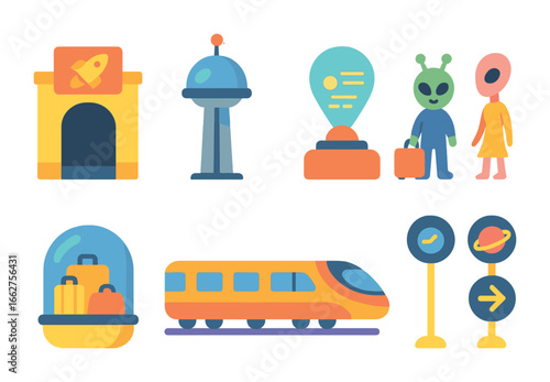 Intergalactic Travel Icons. Flat vector mini-illustrations intergalactic travel hub in colors children's