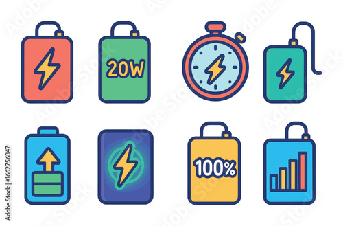 Colorful Power Bank Icons. Flat vector mini-illustrations fast-charging power banks in colors children's