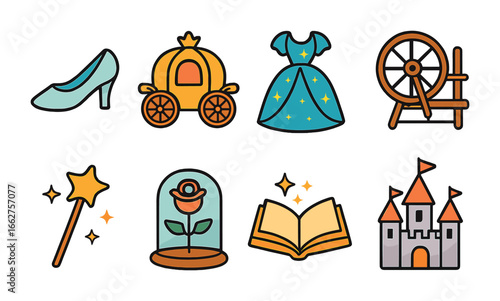 Fairy Tale Icons. Flat vector mini-illustrations fairy tale magic moments in colors children's illustrations: