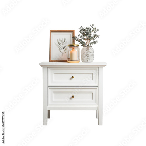 White Two-Drawer Nightstand with Decor Candle, Vase, and Framed Print