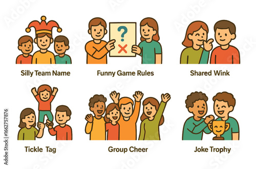 Playful Group Activities. Flat vector mini-illustrations humor in group activities in colors children's