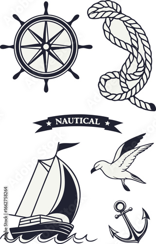 Vector of Nautical elements including a ship s wheel rope sailboat and anchor.
