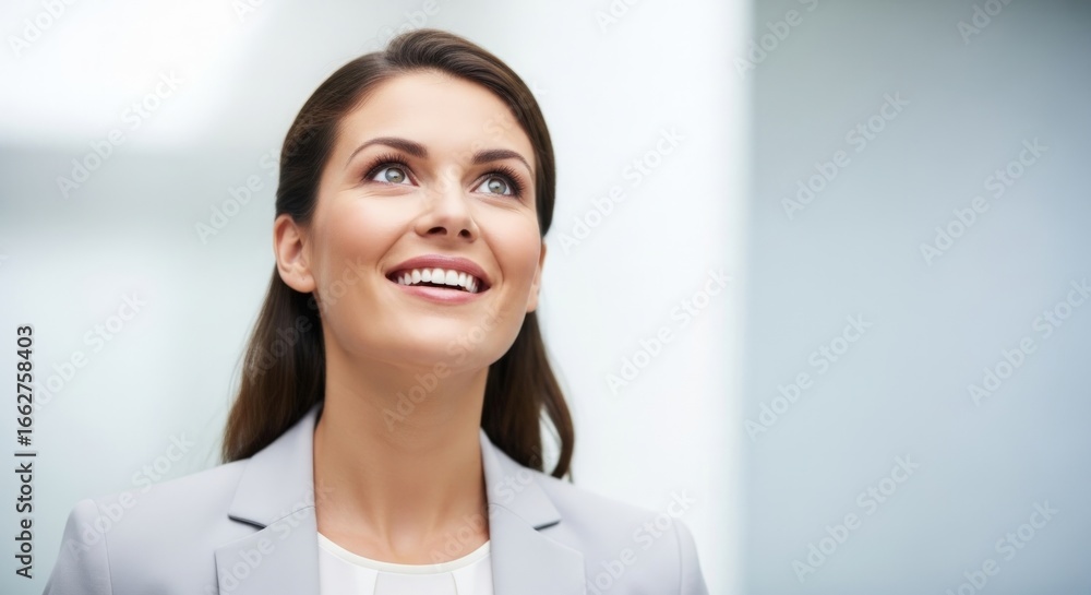 Elegant businesswoman with bright smile anticipates future success indoors Elegant businesswoman with bright smile anticipates future success indoors
