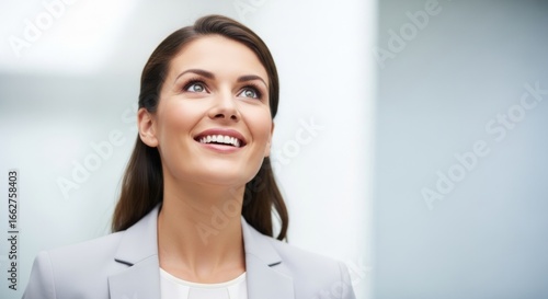 Elegant businesswoman with bright smile anticipates future success indoors Free Download Elegant businesswoman with bright smile anticipates future success indoors - GFXLoad