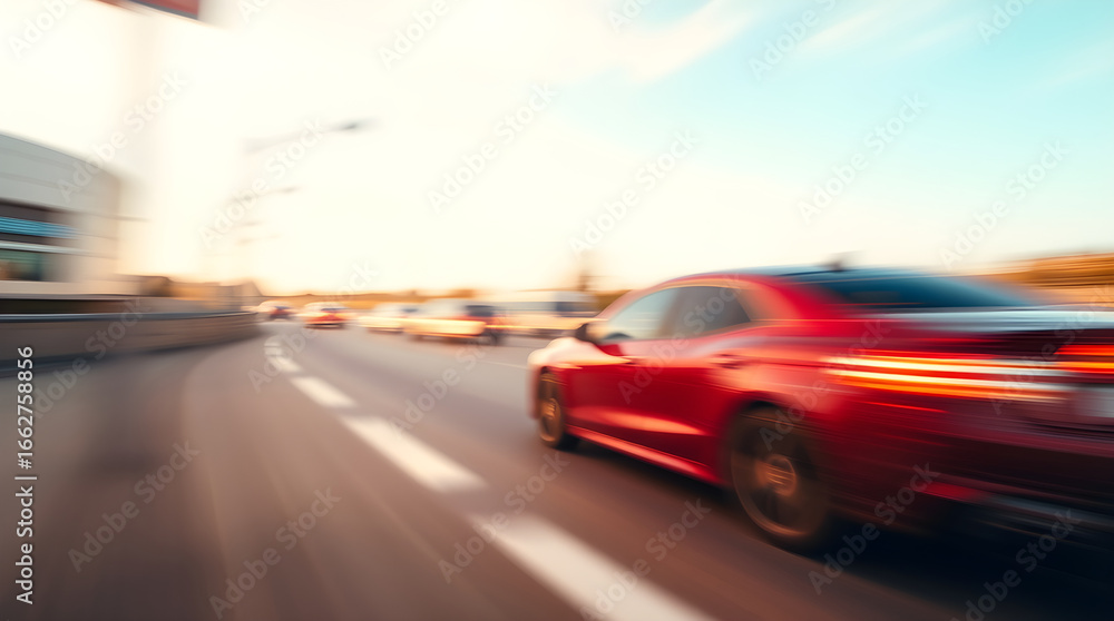 Red car speeding on highway at sunset with motion blur Red car speeding on highway at sunset with motion blur