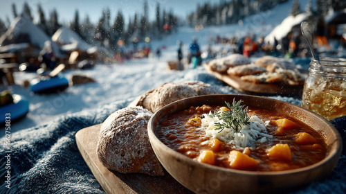 Warm bowl of hearty soup with bread on snowy mountain setting, evoking cozy winter atmosphere
