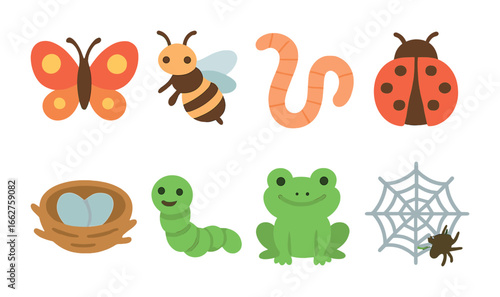 Strawberry Patch Wildlife. Flat vector mini-illustrations strawberry patch wildlife in colors children's