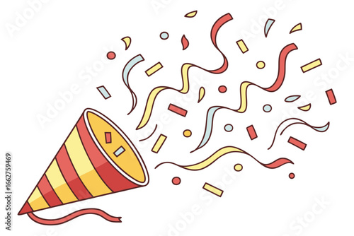 Party popper exploding with confetti and streamers