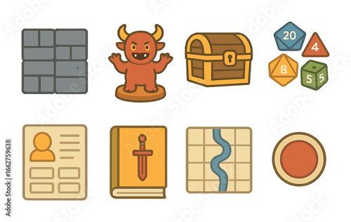 Colorful Gaming Icons. Flat vector mini-illustrations tabletop gaming miniatures in colors children's