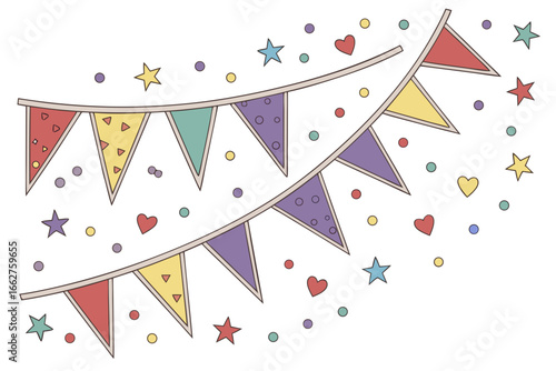 Colorful bunting flags and confetti for celebrations