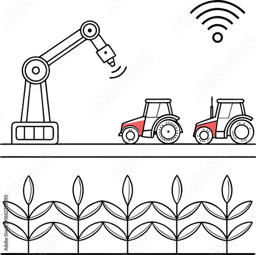 Vector of Automated farming technology robotic arm tractors and crops with wi fi signal.