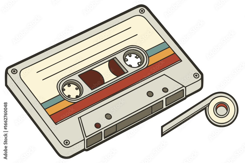 Obraz premium Retro cassette tape with tape unwound and isolated on white background